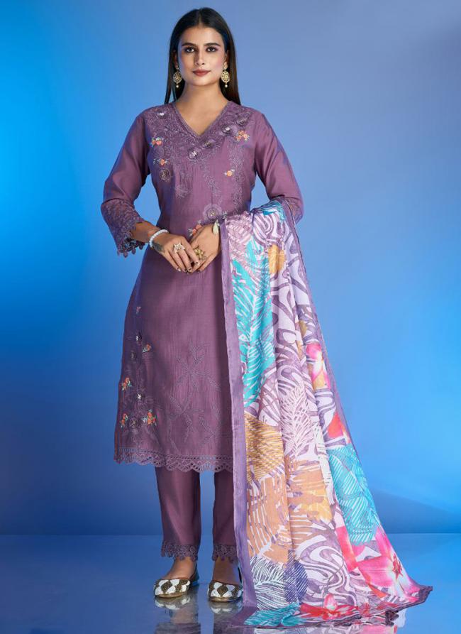 Roman Silk Purple Casual Wear Embroidery Work Readymade Salwar Suit